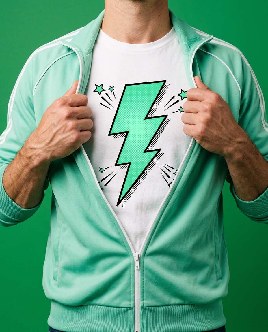 Person öffnet ihre grüne Jacke und zeigt ein T-Shirt mit dem Blitz von Phone Hero